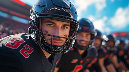 Sport victory championship concept. Intense football player in a black uniform focused on the game, with teammates in the background under a bright sky.