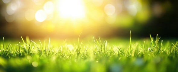 Obraz premium Close-Up View of Fresh Green Grass Under Soft Golden Sunlight Creating a Dreamy Natural Atmosphere for Outdoor Relaxation and Tranquility