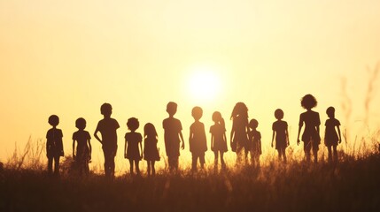 Silhouette back refugee kid group.Responsible.Kid child boy and girl worship.World kids day, Pray and worship, Hope, freedom, Diverse, Faith.World refugee day.Juneteenth kid.Friends.Potential unlock.