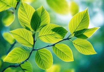 Close-Up View of Vibrant Green Leaves with Bright Sunlight Filtering Through, Highlighting the Natural Beauty of Fresh Foliage in a Soft Focus Background