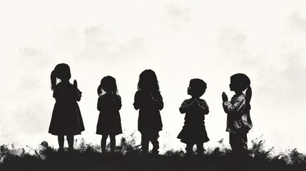 Silhouette back refugee kid group.Responsible.Kid child boy and girl worship.World kids day, Pray and worship, Hope, freedom, Diverse, Faith.World refugee day.Juneteenth kid.Friends.Potential unlock.