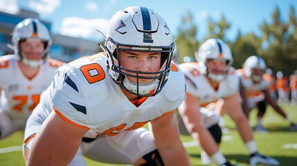 Sport victory championship concept. A focused football player prepares for action during practice, showcasing determination and teamwork under a bright blue sky.