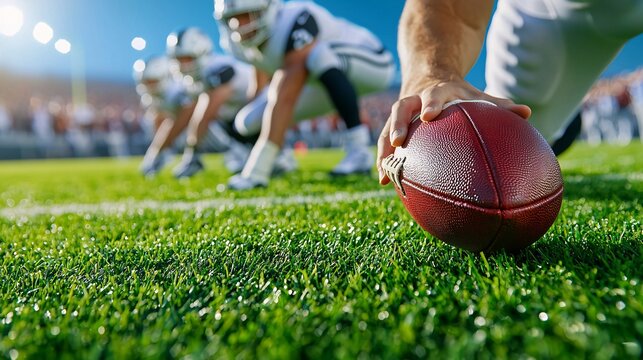 Sport victory championship concept. A football player prepares to snap the ball on a vibrant field, surrounded by teammates in action-ready positions.