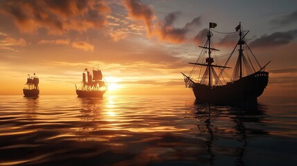 Obraz premium Golden sunset reflecting on the ocean with silhouettes of distant ships