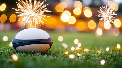 Sport victory championship concept. A rugby ball on grass surrounded by festive sparks and lights, symbolizing celebration and sportsmanship.