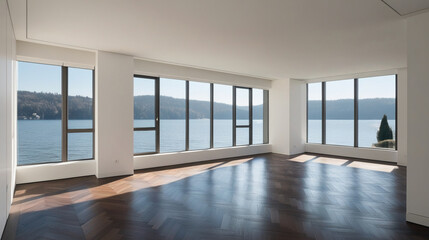 Fototapeta premium White empty room with parquet in modern apartment. Large windows overlooking the lake and no one inside