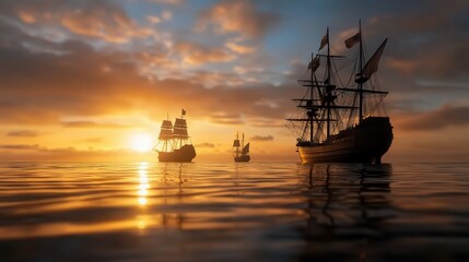 Fototapeta premium Golden sunset reflecting on the ocean with silhouettes of distant ships