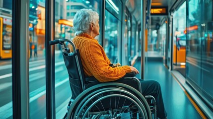 Elderly person in wheelchair waiting on modern transit system during city commute