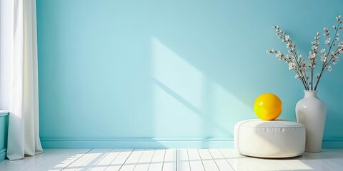 Serene Minimalist Room Interior Design with Bright Yellow Sphere and White Flowers