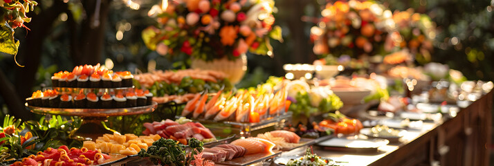 Elegant Buffet Setup with Diverse Culinary Delights in a Sophisticated, Welcoming Ambiance