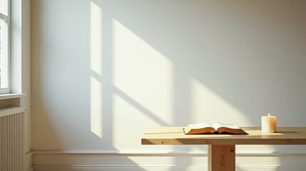 Obraz premium Serene Study Sunlight Illuminates Open Book and Candle on Simple Wooden Table