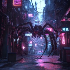 Gigantic Alien Creature Invading Neon Lit Alleyway in Dark Rainy Night
