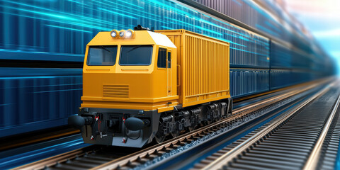 A vibrant yellow freight train travels on tracks lined with cargo containers, showcasing modern transportation in an industrial setting.