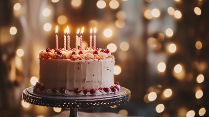 Beautiful birthday cake with burning candles on a decorative stand surrounded by soft festive lights, perfect for celebrations, party themes, and special occasions highlighting a warm and cheerful atm