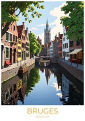 Fototapeta premium Bruges Belgium Eco Friendly Travel Poster Illustration Canvas Wall Art Decor Gift