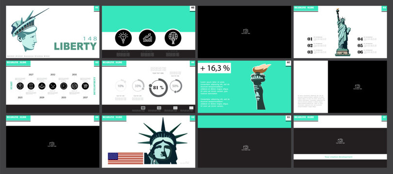 Business banner, presentation of the Statue of Liberty. Welcome to business New York. USA Independence Day. Green template design, holiday.National symbol of America advertisement. Vector illustration