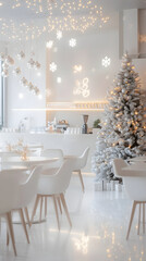 A cozy cafÃ© featuring a decorated Christmas tree and festive lighting.