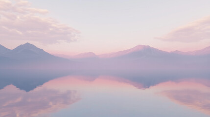 Obraz premium Serene Mountain Sunrise Reflected in a Calm Lake, Highlighting Soft Pastel Hues and Tranquil Beauty.