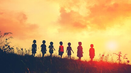 Silhouette back refugee kid group.Responsible.Kid child boy and girl worship.World kids day, Pray and worship, Hope, freedom, Diverse, Faith.World refugee day.Juneteenth kid.Friends.Potential unlock.