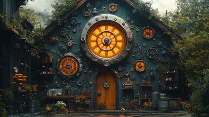Steampunk shop facade, gears, glowing window.