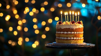 Beautiful birthday cake with burning candles on a decorative stand surrounded by soft festive lights, perfect for celebrations, party themes, and special occasions highlighting a warm and cheerful atm