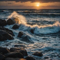 Obraz premium Waves crashing against rocks at sunset.