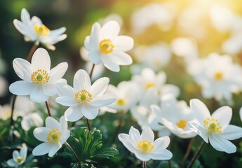 Delicate White Blossoms with Yellow Centers Bathed in Soft Morning Light, Creating a Serene and Tranquil Garden Scene for Fresh Nature Imagery