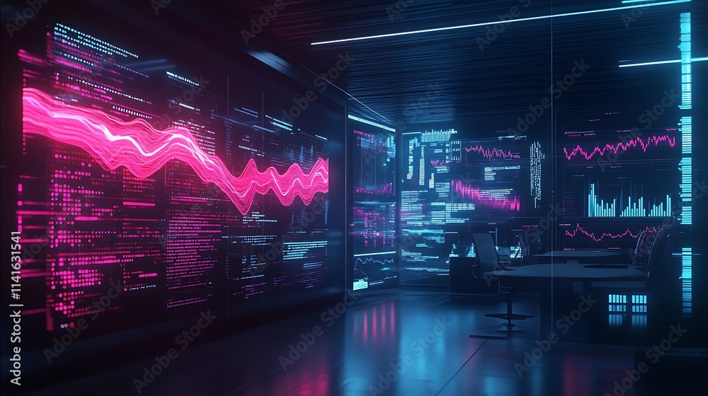 Aufkleber futuristic data center with neon-lit walls displaying dynamic financial charts lines of code.