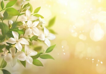 Delicate White Flowers with Green Leaves Against a Soft Yellow Background, Radiating Light and Freshness, Perfect for Spring and Nature Themes