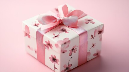 Fototapeta premium Elegant gift box with pink ribbon and fresh floral decor on soft pink background for celebratory occasions and birthday celebrations