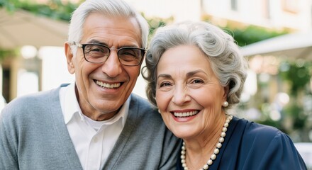 Joyful elderly caucasian couple smiling in outdoor setting with elegant attire and gray hair
