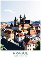 Fototapeta premium Prague Czech Republic Travel Poster Illustration Eco Friendly Wall Art Retro Decor Gift