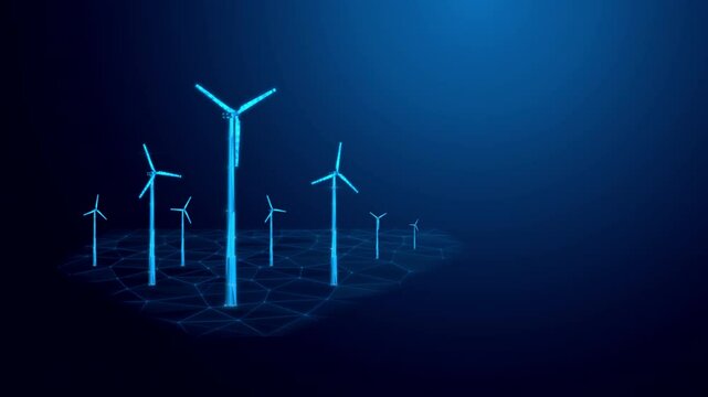 Network of Wind Turbines on Digital Landscape, Looped Animation with Alpha Channel for Transparent Background.