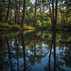 Obraz premium Reflection of trees in a calm lake.