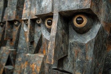 Close-up of striking wooden sculptures, showcasing angular features and intense expressions, evoking a sense of mystery and contemplation.