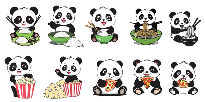 This image features a collection of adorable panda cubs enjoying various meals. They are depicted eating rice with chopsticks, slurping noodles from bowls, and indulging in popcorn and pizza. The pand