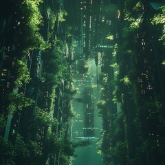 Obraz premium Lush and Verdant Primeval Jungle Landscape with Flowing Stream and Sunlight Filtering Through Dense Foliage