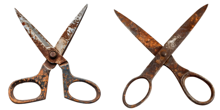 large pair of open old : vintage rusty scissors isolated on a white background. Generative AI.