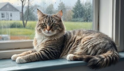 Cat relaxes on a windowsill while rain softly falls outside in a cozy home environment