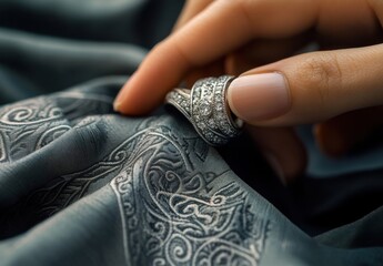 Elegant Hand Holding Vintage Silver Ring on Intricate Patterned Fabric for Stock Photography Use in Jewelry, Fashion, and Textile Themes
