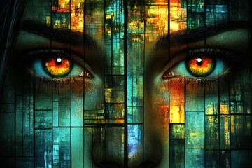 Close-up of a woman's face with striking orange and green eyes against a vibrant, abstract background of bold colors and geometric patterns.