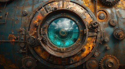 Fototapeta premium Rusty steampunk machine, sky-reflecting portal.