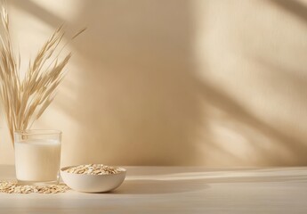 Elegant still life composition featuring oat milk in a glass, scattered oats in a bowl, and dried grass against a soft beige background, conveying a sense of calm and natural simplicity.