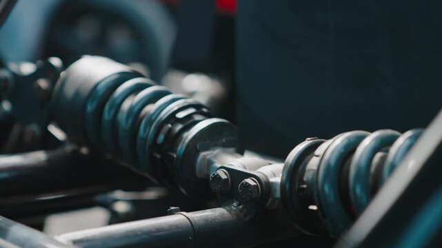 Close-up of a car suspension system with visible metal springs and mechanical details