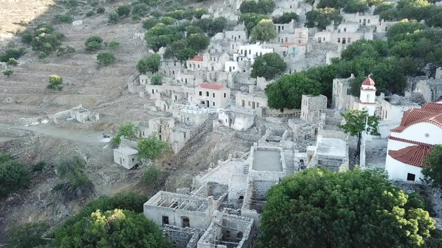 Aerial view,Remains of the Abandoned Chora at Island Tilos,Old Center,Greece.Scenic,Backwards and over.