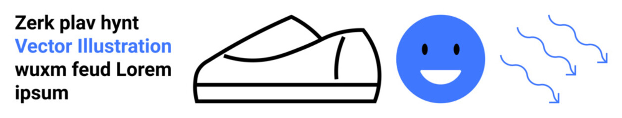 Shoe outline, blue smiling face, and wind symbols. Ideal for fashion, sports, weather, digital artwork, branding, graphic design, and contemporary themes. Clean and minimalistic design. Landing page