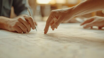 Obraz premium Close-up of hands reviewing blueprints.