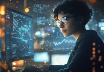 Focused Female Data Analyst Working Late Night on Computer Screen Analyzing Complex Data Visualizations with Glowing Graphics in a Modern Office Space