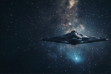 A breathtaking 3D rendering of an alien spaceship flying through the Universe.