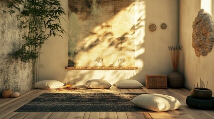 A peaceful home meditation area with soft cushions, incense sticks, and a calming wall tapestry